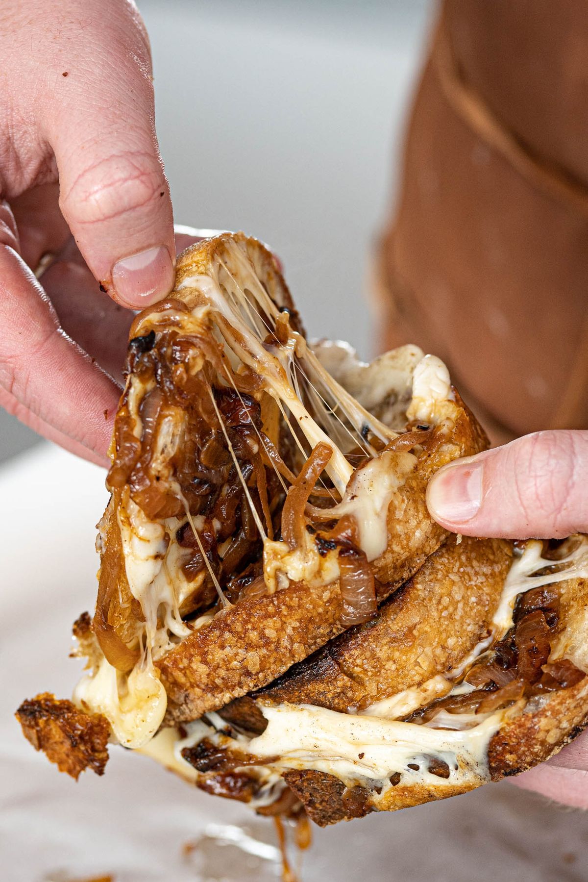 Grilled Three Cheeses with Caramelized Onions Sandwich